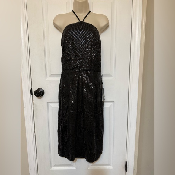 NWT Adrianna Papell Black Sequin Halter Cocktail Dress Size 14 - Picture 3 of 5